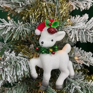 Sullivans Retro Flocked White Reindeer Christmas Ornament Santa Hat Tinsel